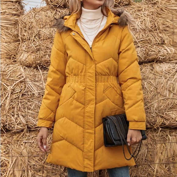 FALL Chevron quilted puffer trench jacket mustard - Picture 2 of 6